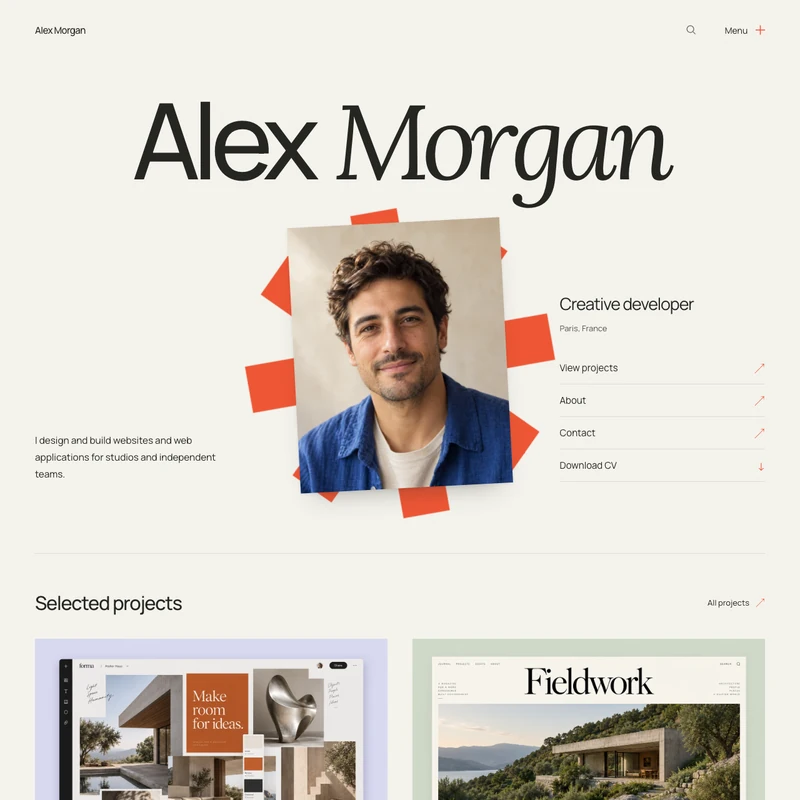 Solder personal portfolio with a large name, profile portrait and selected projects.