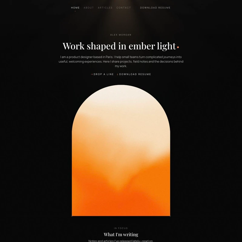 Ember portfolio homepage with an introduction and recent articles.