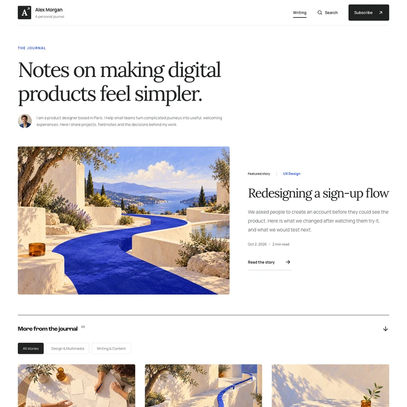 Margin blog homepage with a featured article, topic navigation and an editorial archive.